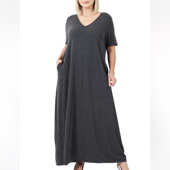 NEW Cozy Soft V Neck Dress S-3X Pockets - Picture 2 of 2